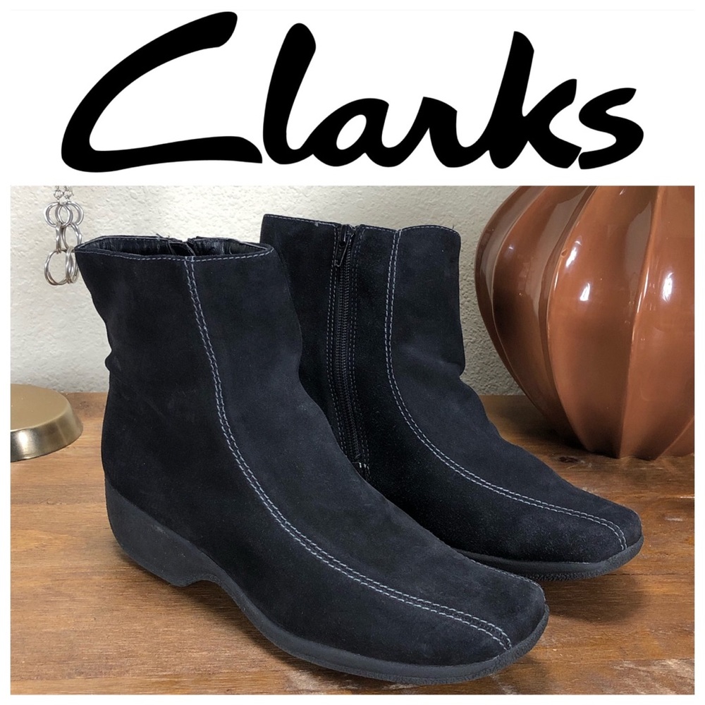 Clarks Black Suede Wedge Heel Ankle Boots